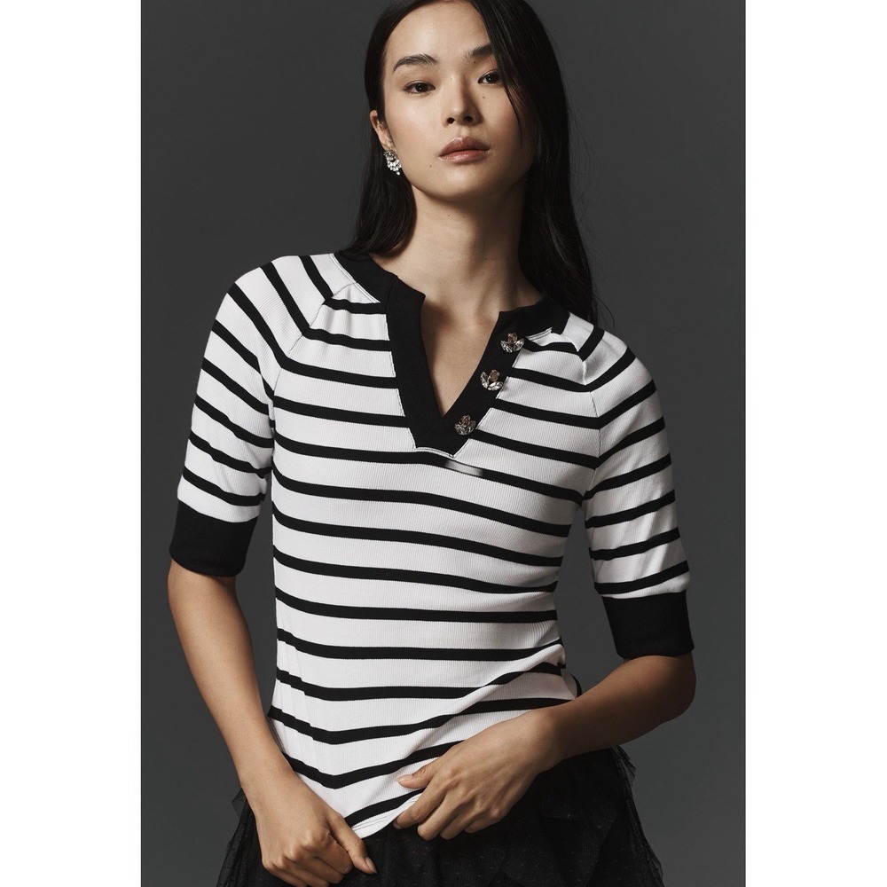 Maeve Anthropologie Size Small Ivory Black Striped Embellished Henley Ribbed Top